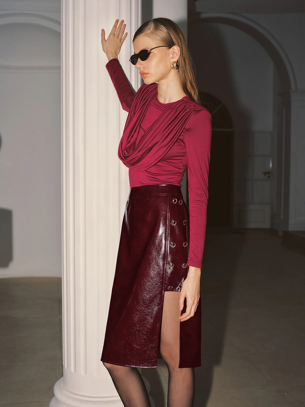 Metal Detail Side Slit Faux Leather Midi Skirt - Image 5