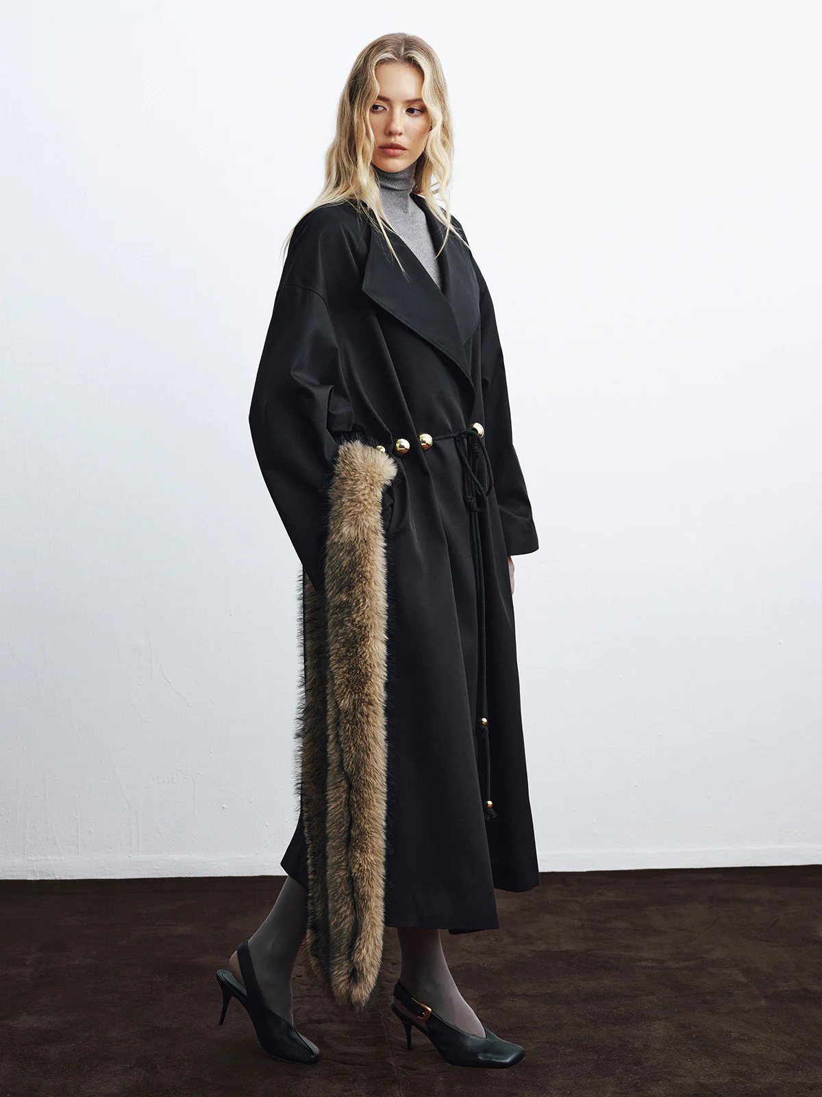 Metal Detail Tie-Belt Oversized Long Trench Coat - Image 2