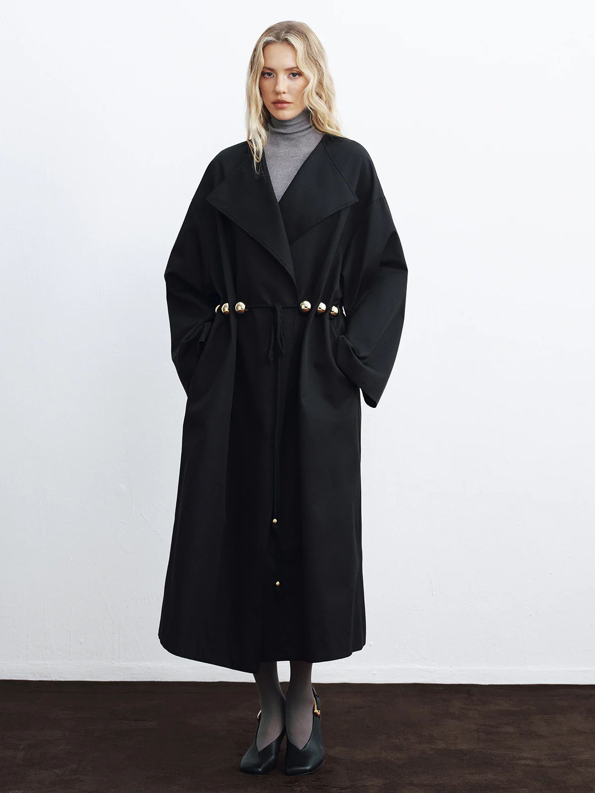 Metal Detail Tie-Belt Oversized Long Trench Coat - Image 3