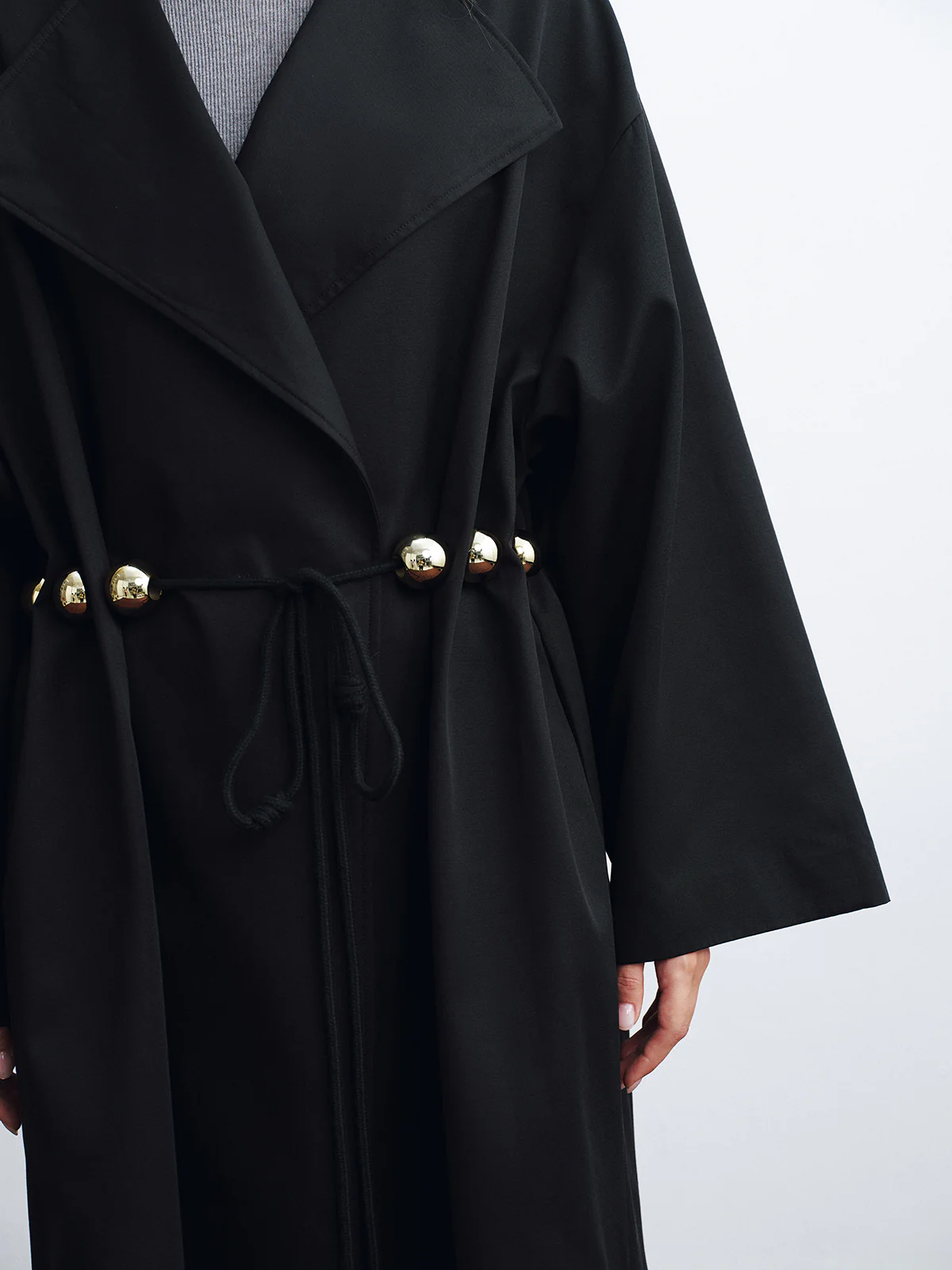 Metal Detail Tie-Belt Oversized Long Trench Coat - Image 4
