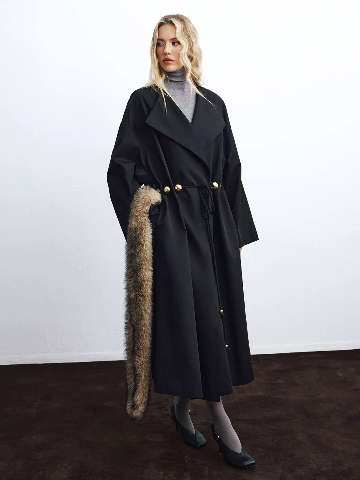 Metal Detail Tie-Belt Oversized Long Trench Coat - Image 6