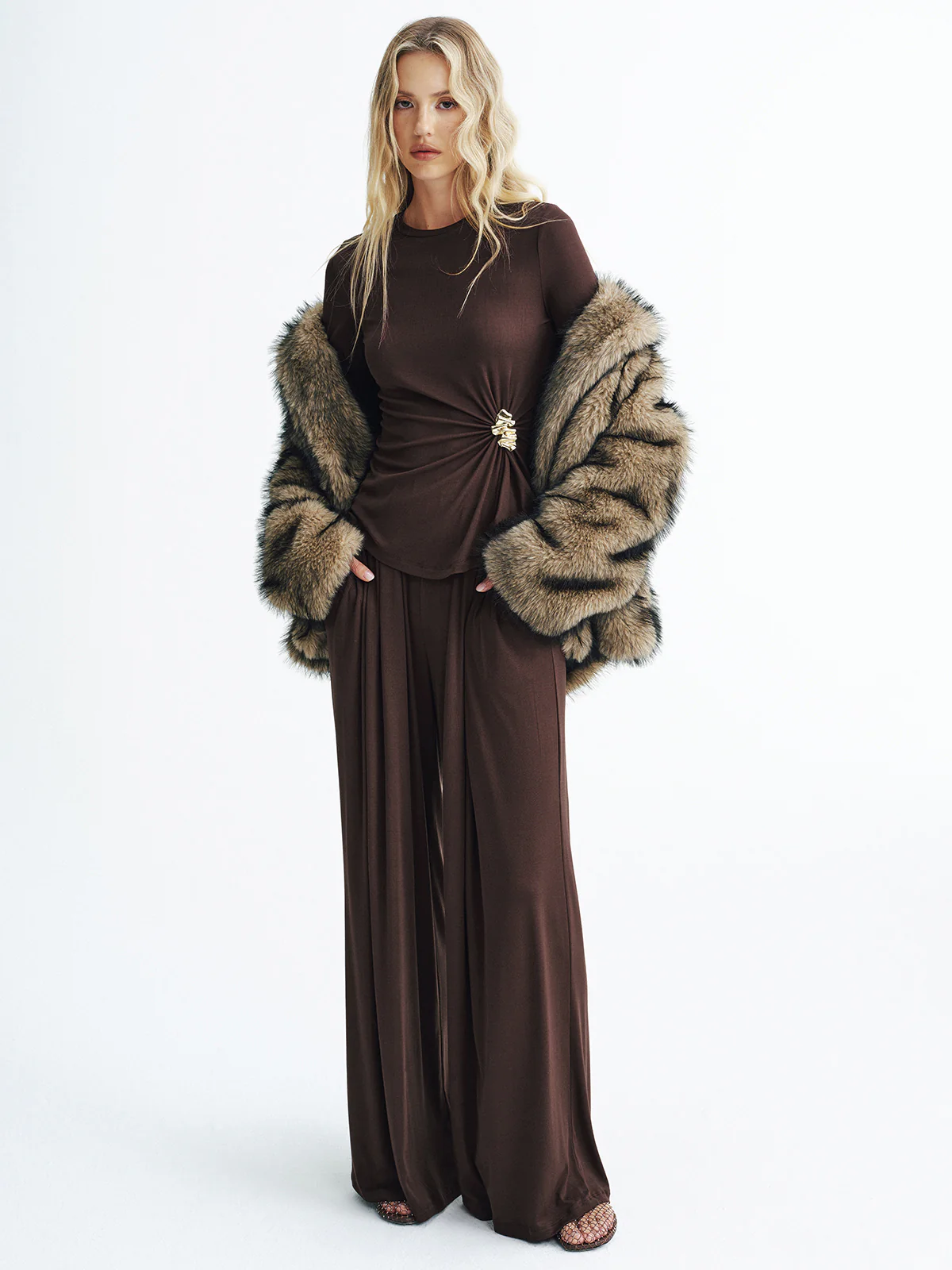 Metal Detail Top and Wide-Leg Pants Set