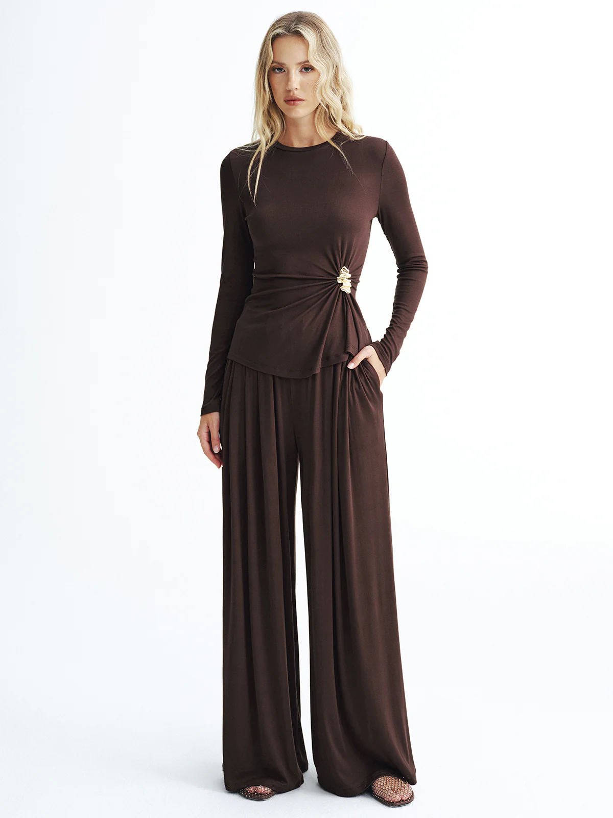 Metal Detail Top and Wide-Leg Pants Set - Image 2