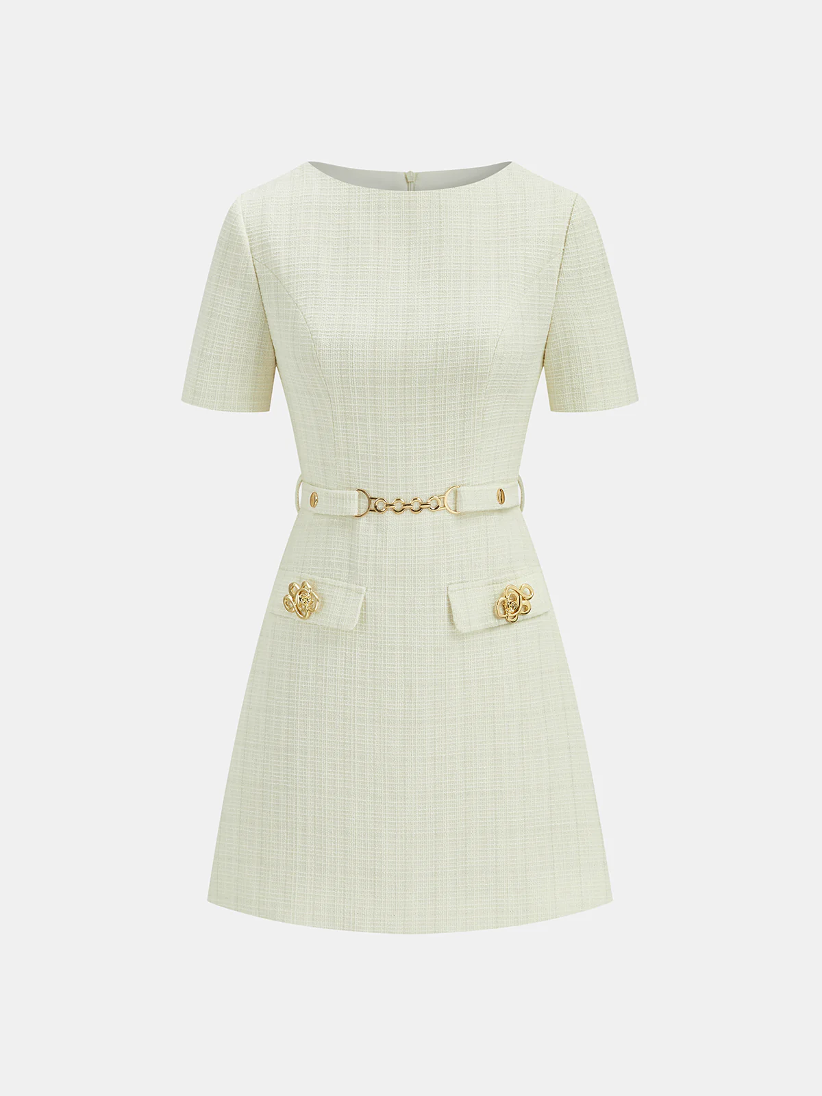 Metal Detail Tweed Belted Mini Dress - Image 2