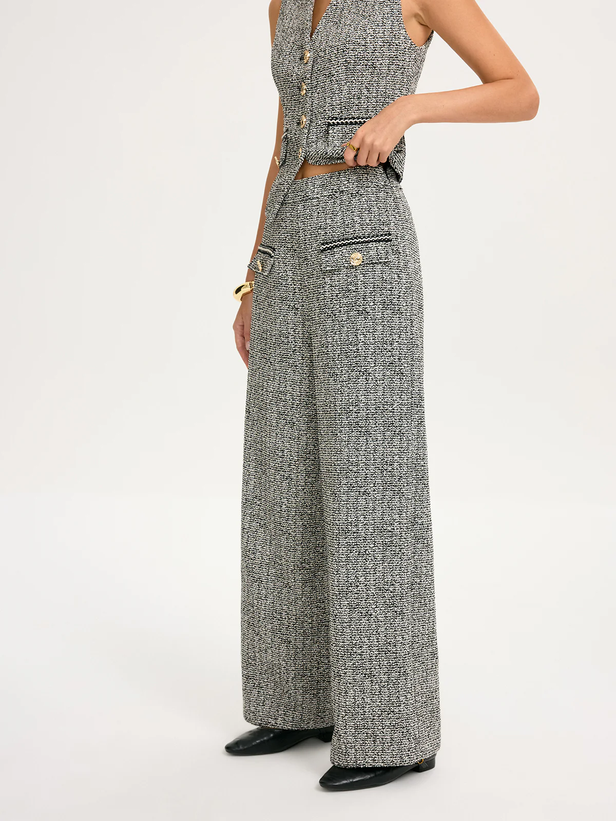 Metal Detail Tweed Wide-Leg Pants