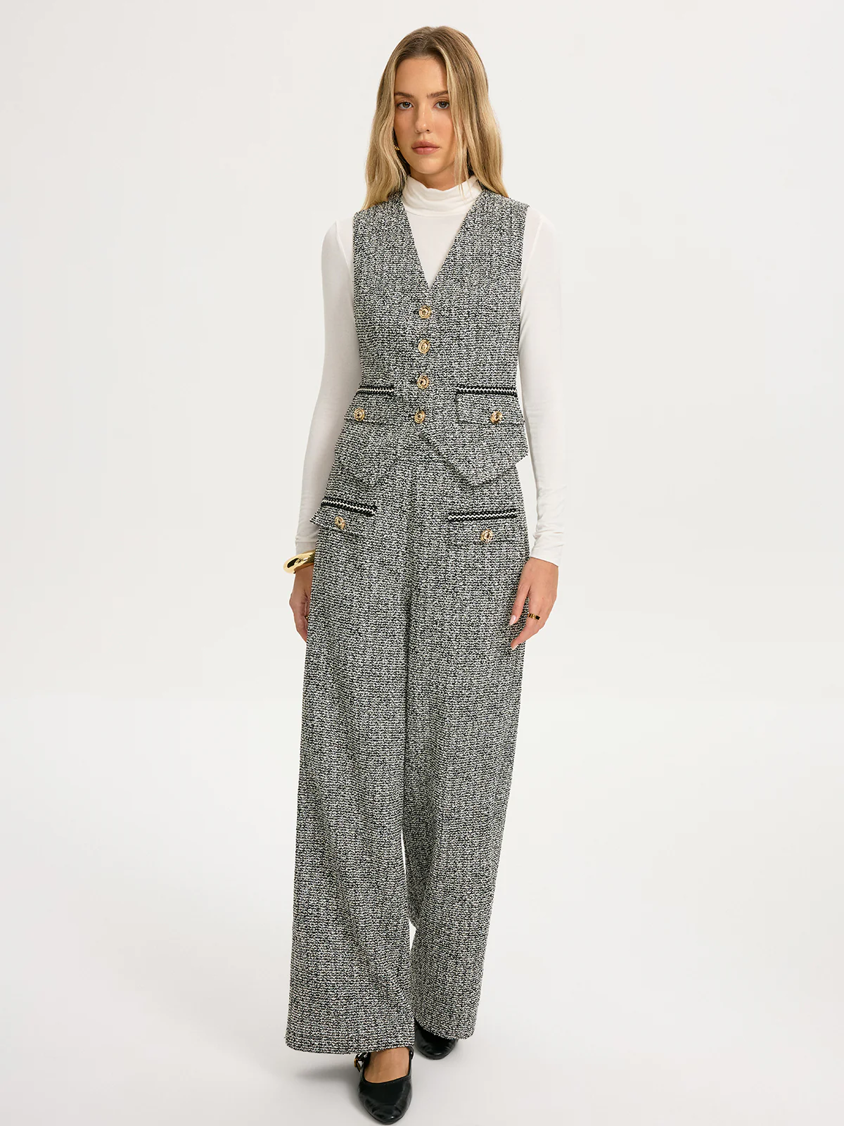 Metal Detail Tweed Wide-Leg Pants - Image 2