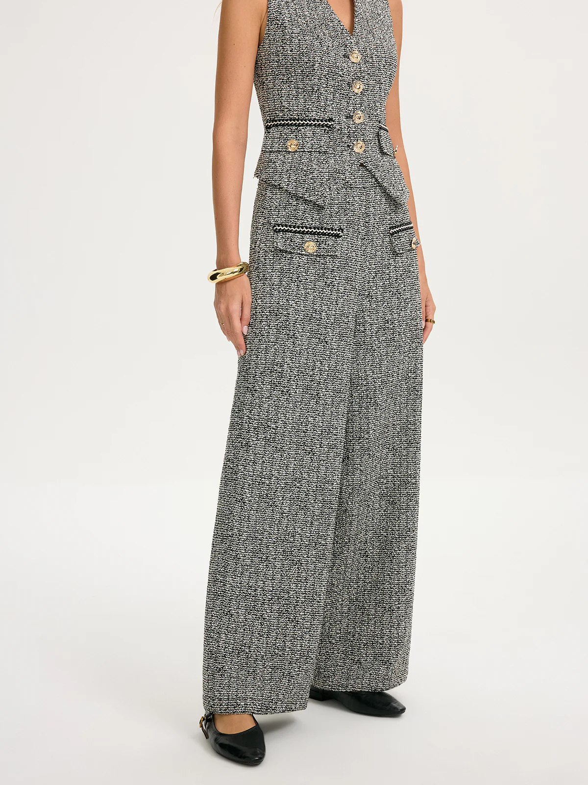 Metal Detail Tweed Wide-Leg Pants - Image 3