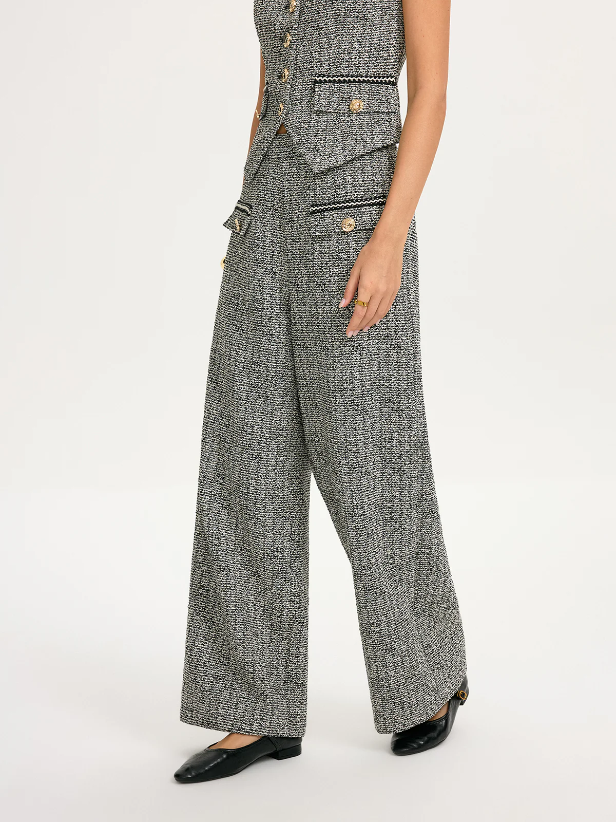 Metal Detail Tweed Wide-Leg Pants - Image 5