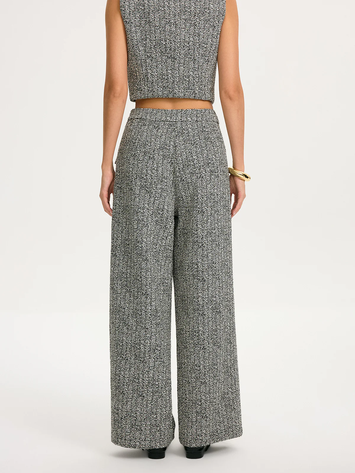 Metal Detail Tweed Wide-Leg Pants - Image 6