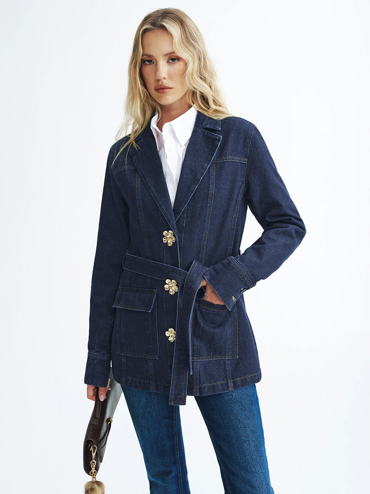 Metal Floral Denim Belted Jacket - Image 2