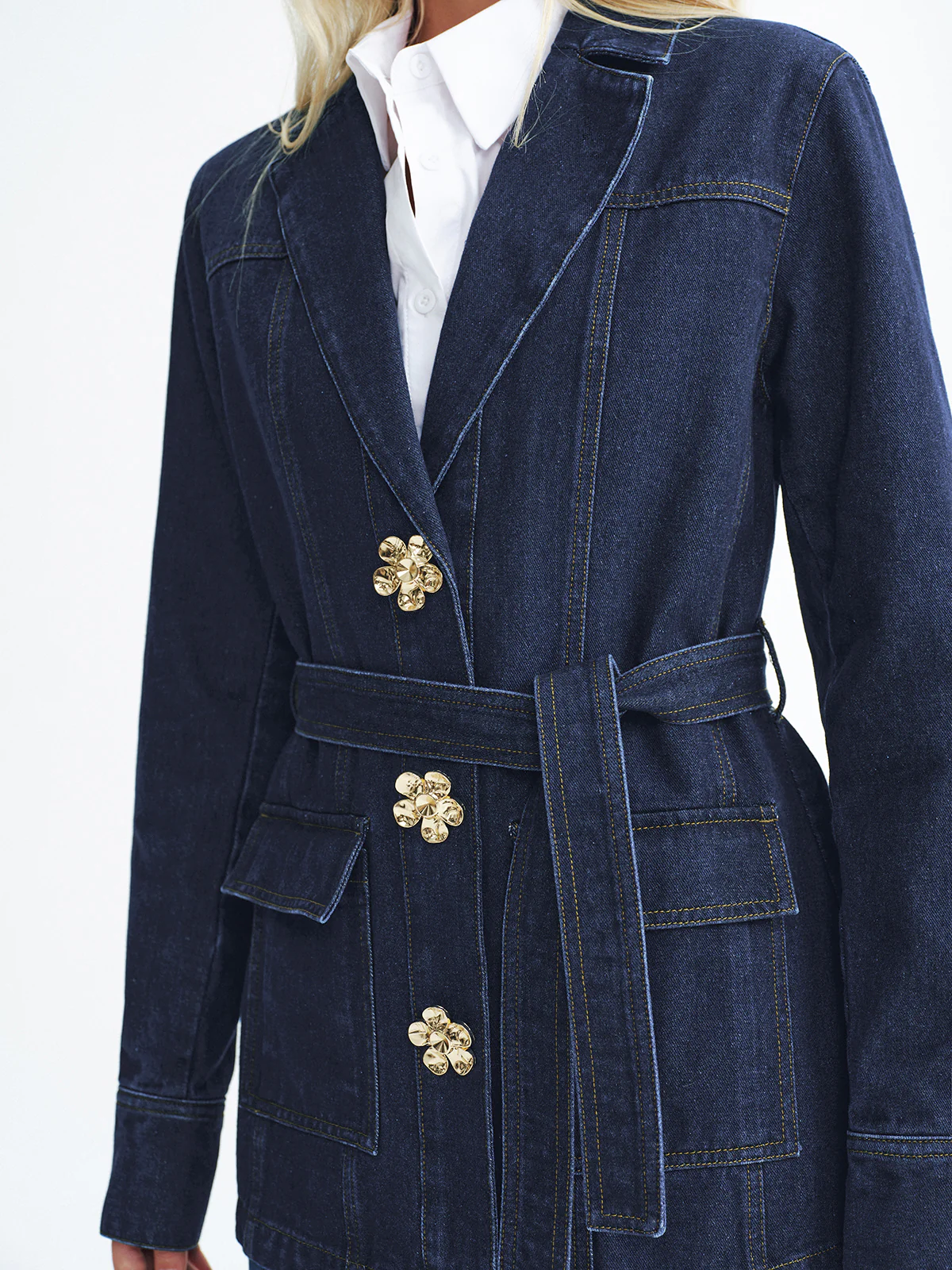 Metal Floral Denim Belted Jacket - Image 4