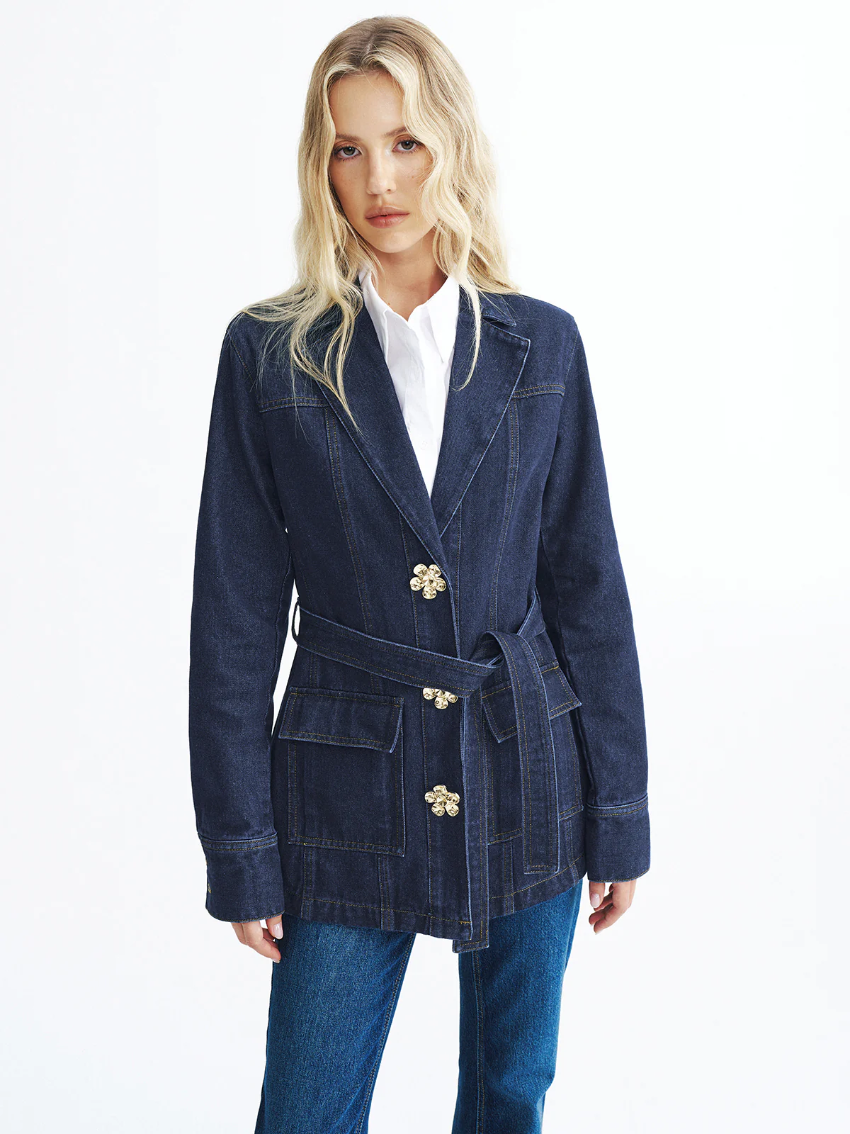 Metal Floral Denim Belted Jacket - Image 6