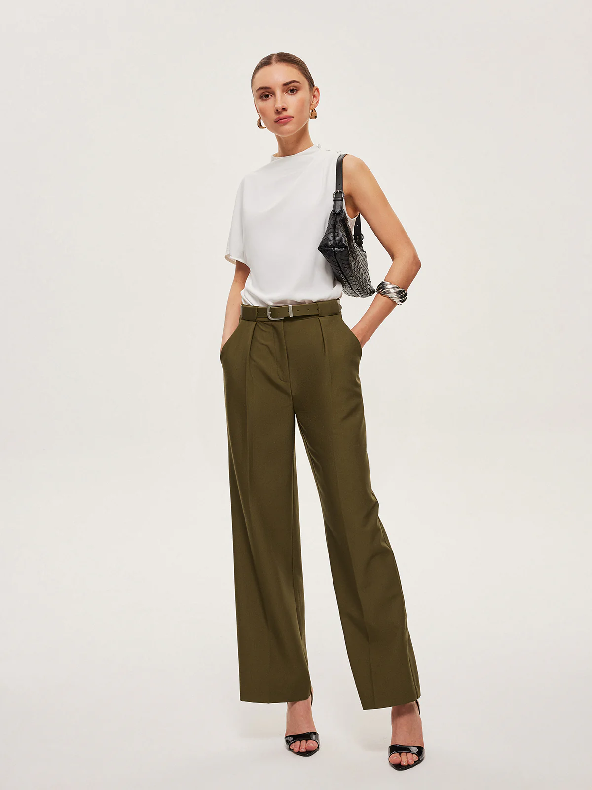 Mid-Waist Belted Straight-Leg Pants - Image 2