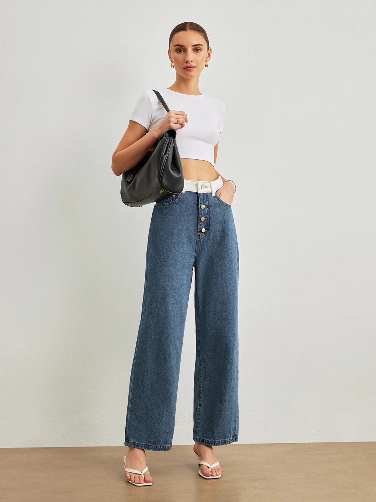 Mid-Waist Contrast Trim Denim Jeans - Image 2