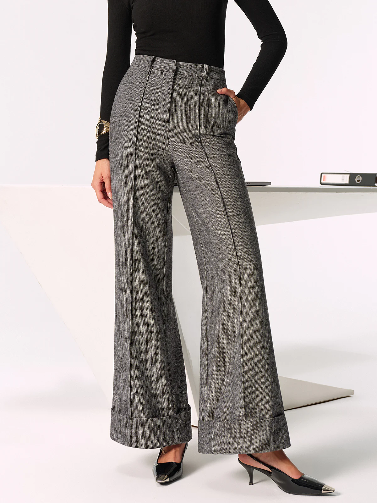 Mid-Waist Cuffed Wide-Leg Pants - Image 2