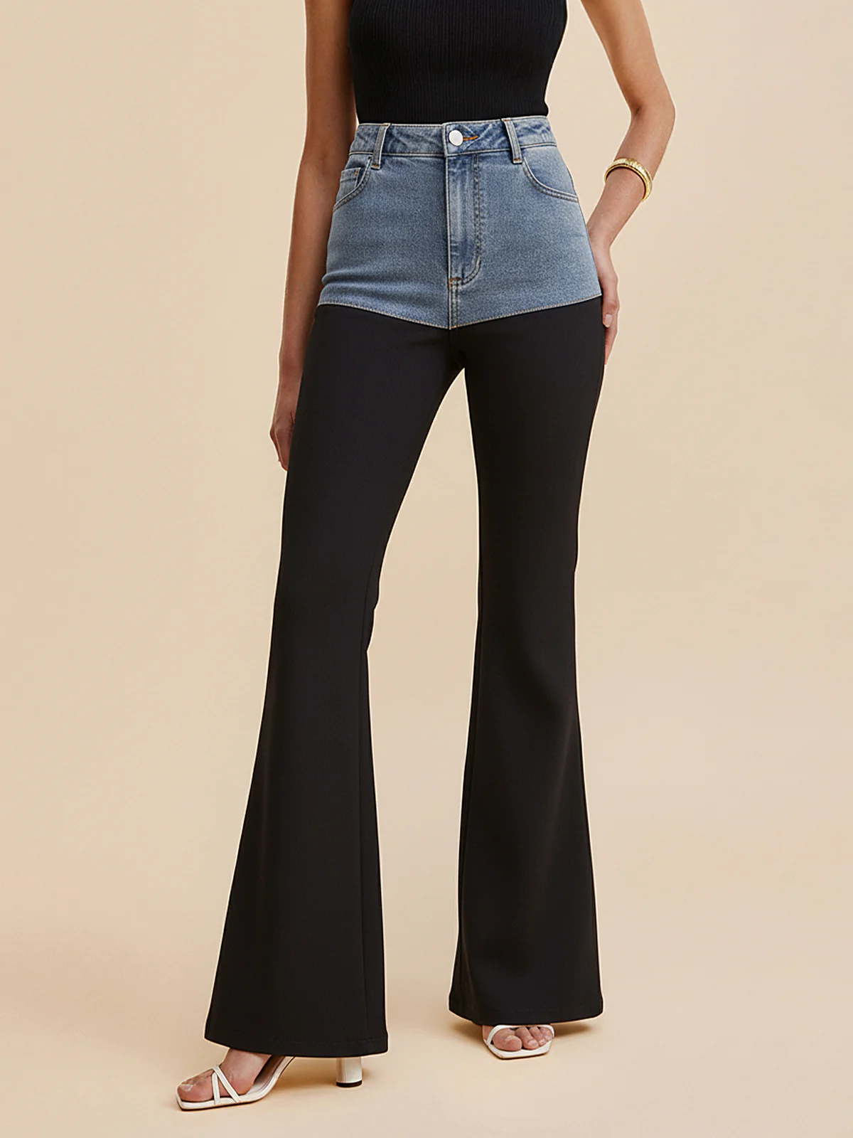 Mid-Waist Denim Panel Flared Pants - Image 5