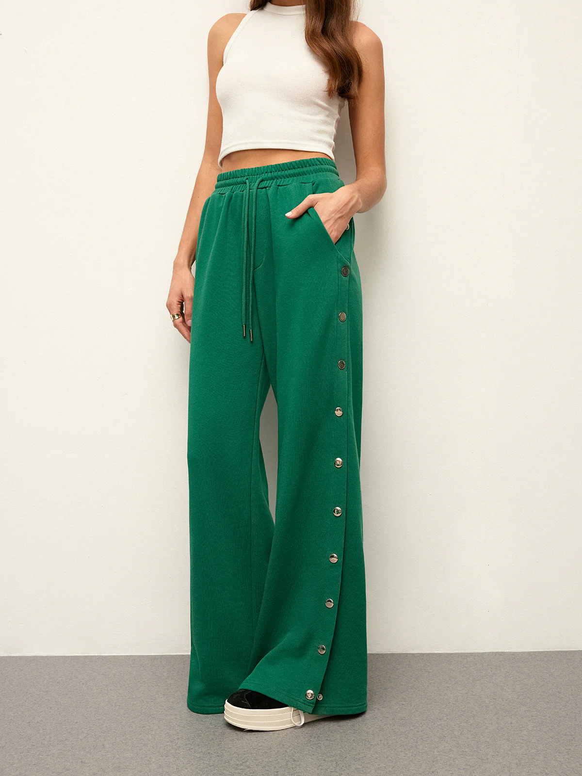 Mid-Waist Drawstring Sweatpants With Button Side Detail - Image 3