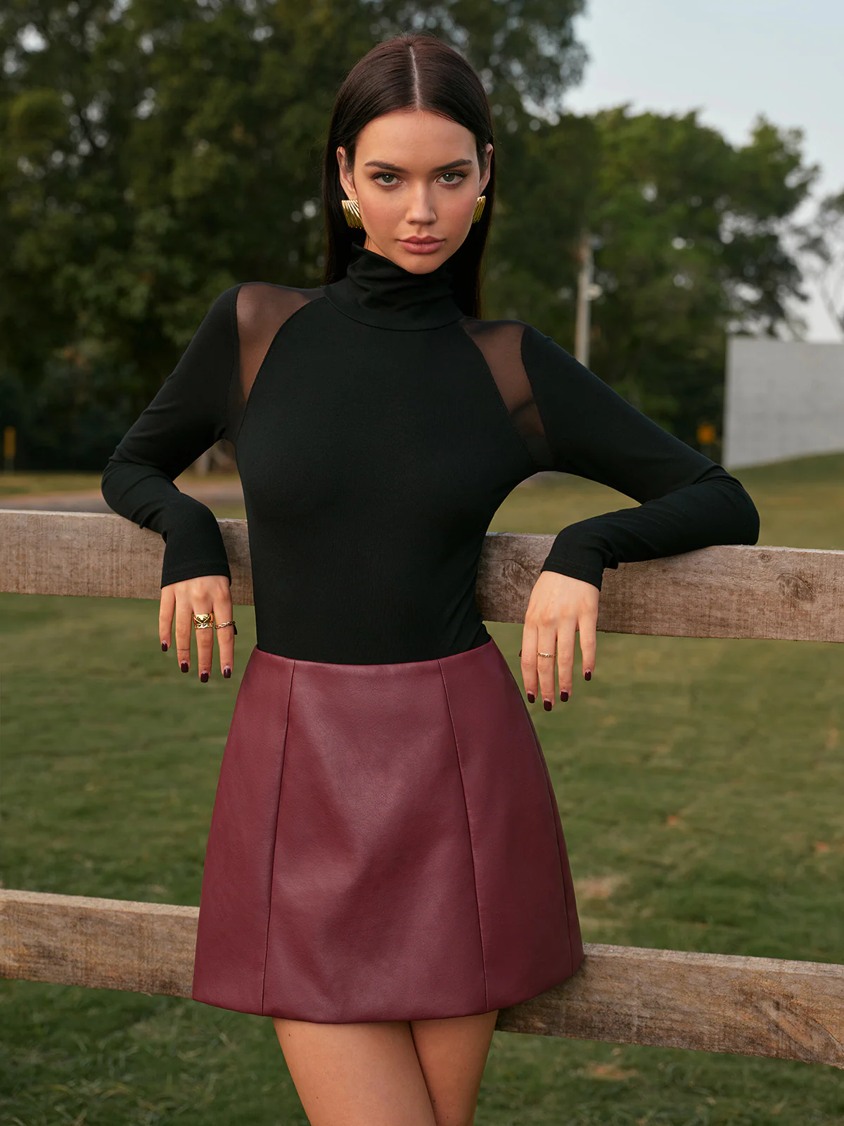 Mid-Waist Faux Leather Back-Zipper Mini Skirt - Image 2
