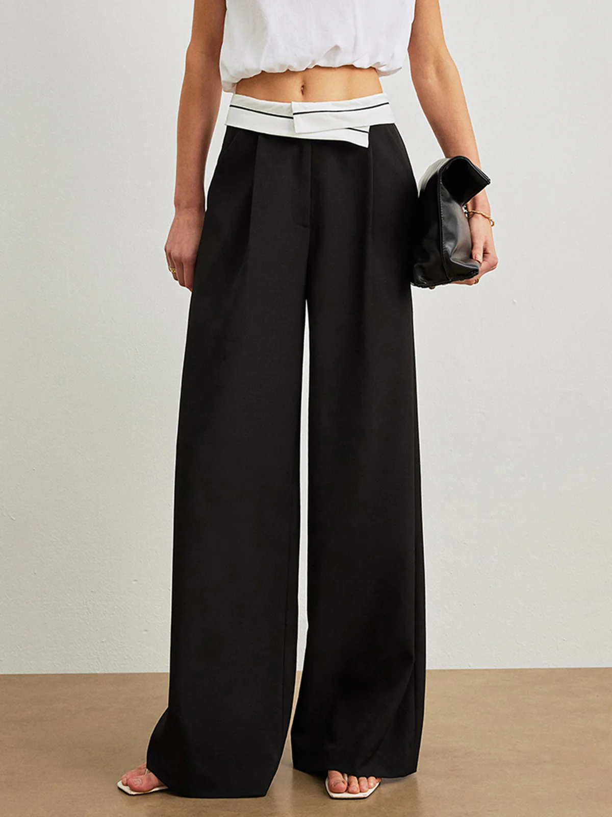 Mid-Waist Pants With Pockets & Contrast Waistband - Image 2