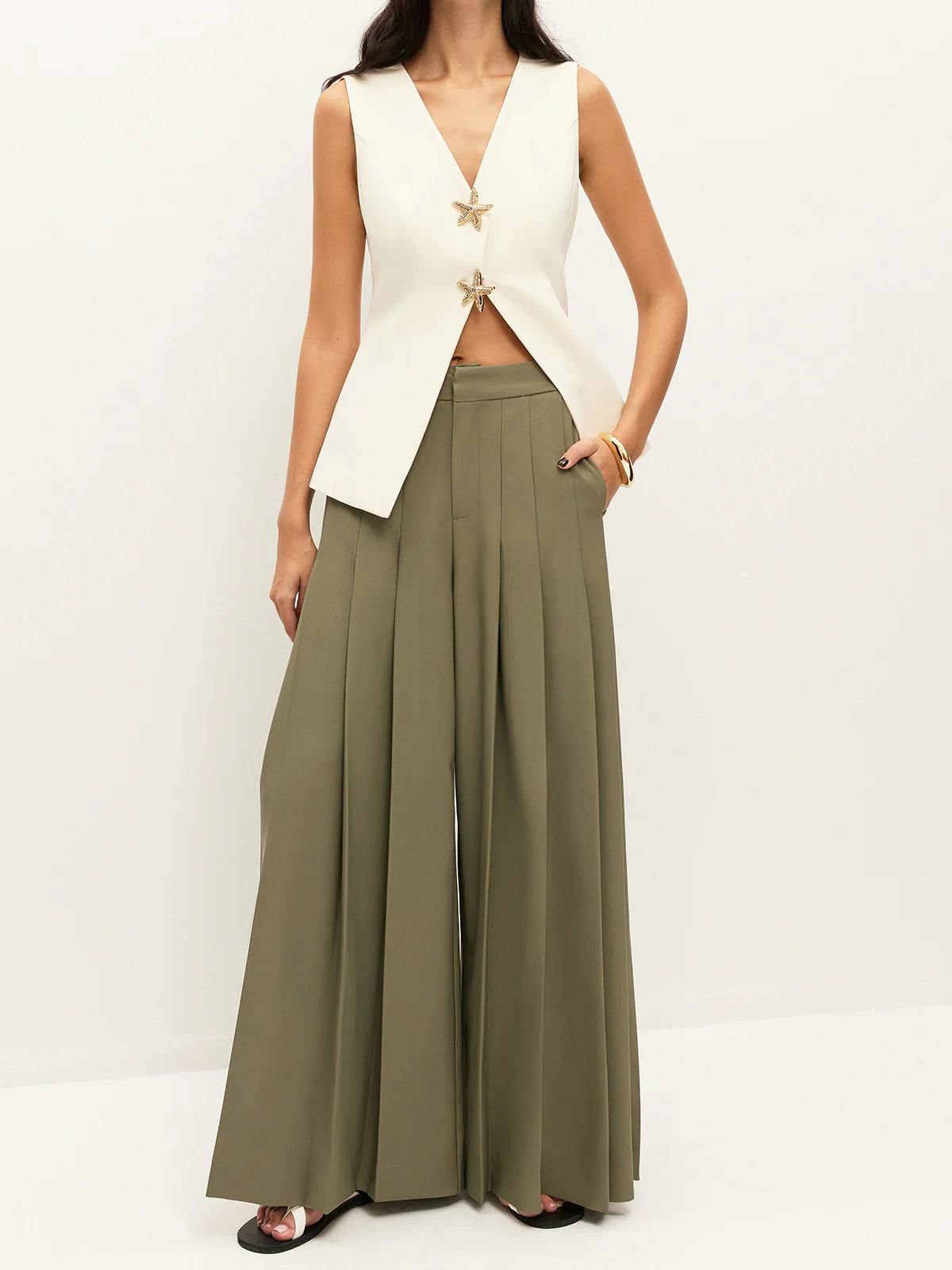 Mid-Waist Pleated Zipper Wide-Leg Pants With Pockets