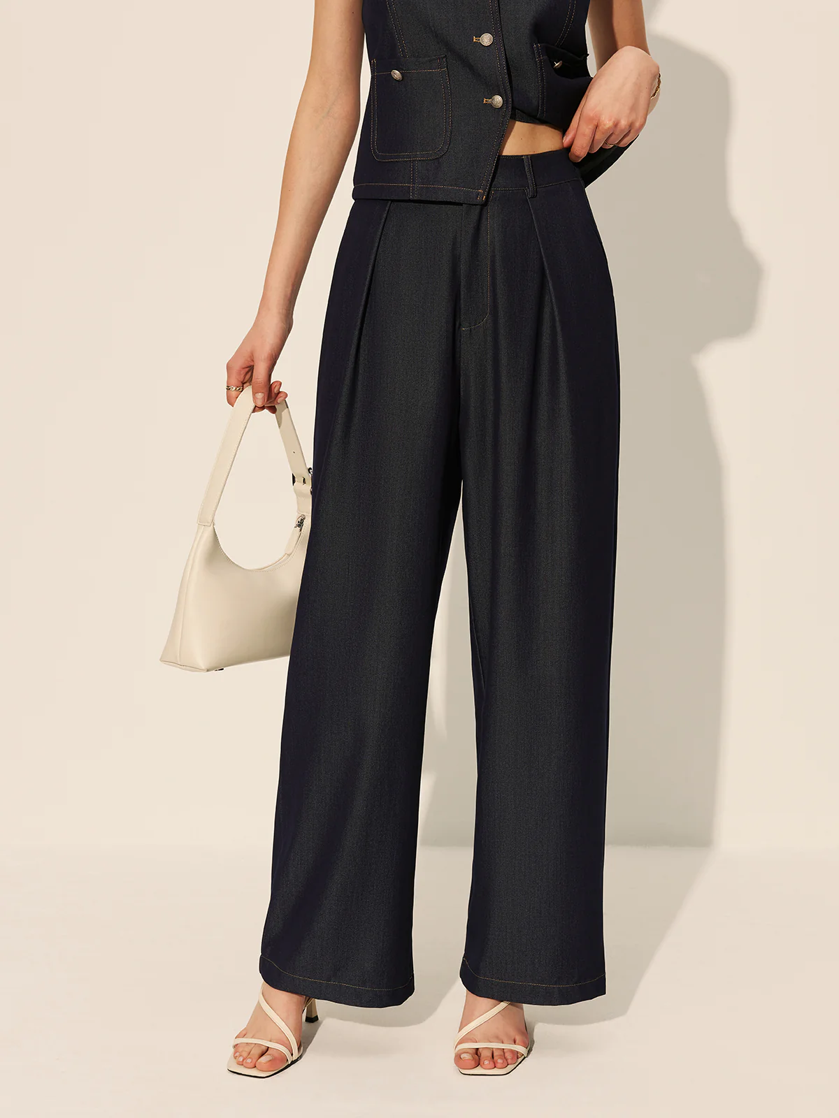Mid-Waist Pockets Wide-Leg Denim Pants - Image 3
