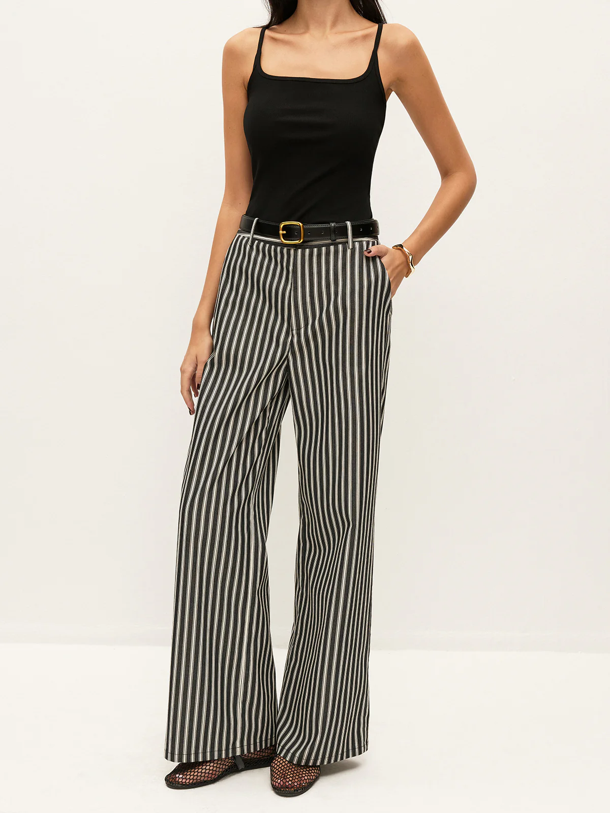 Mid-Waist Striped Pockets Pants Without Belt - Image 2