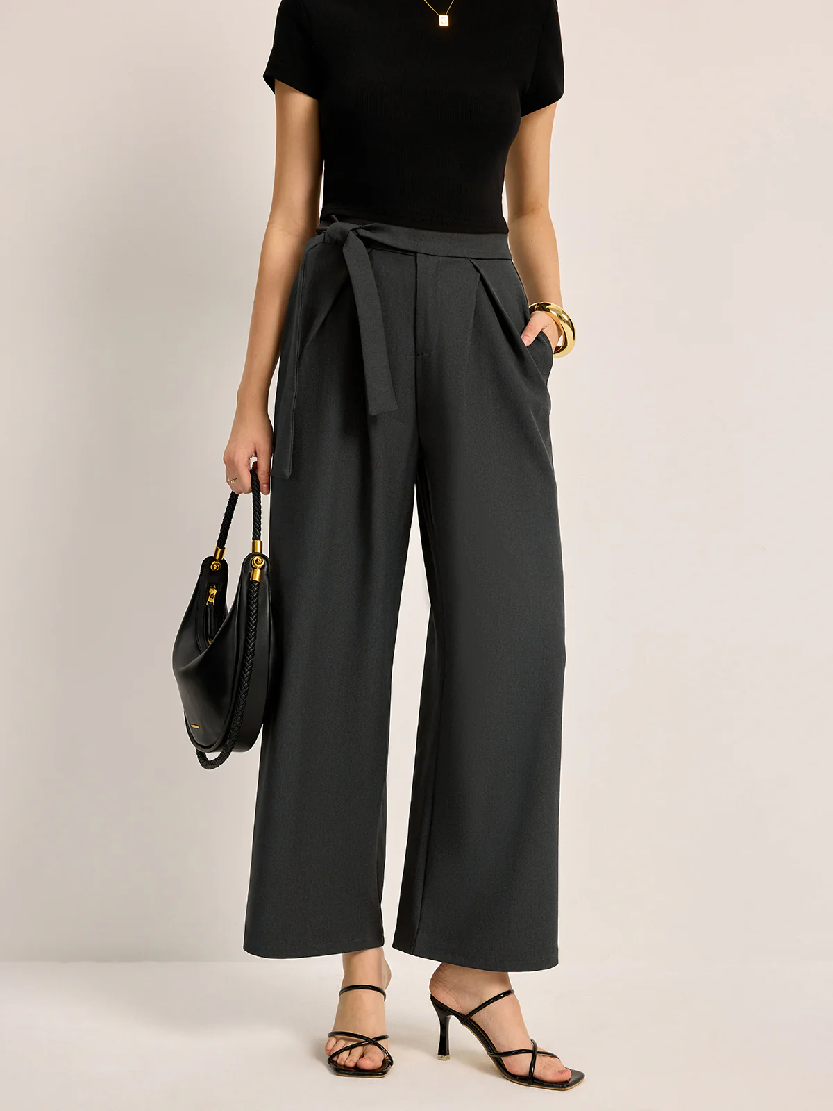 Mid-Waist Tie Belt Pants With Pockets - Image 2