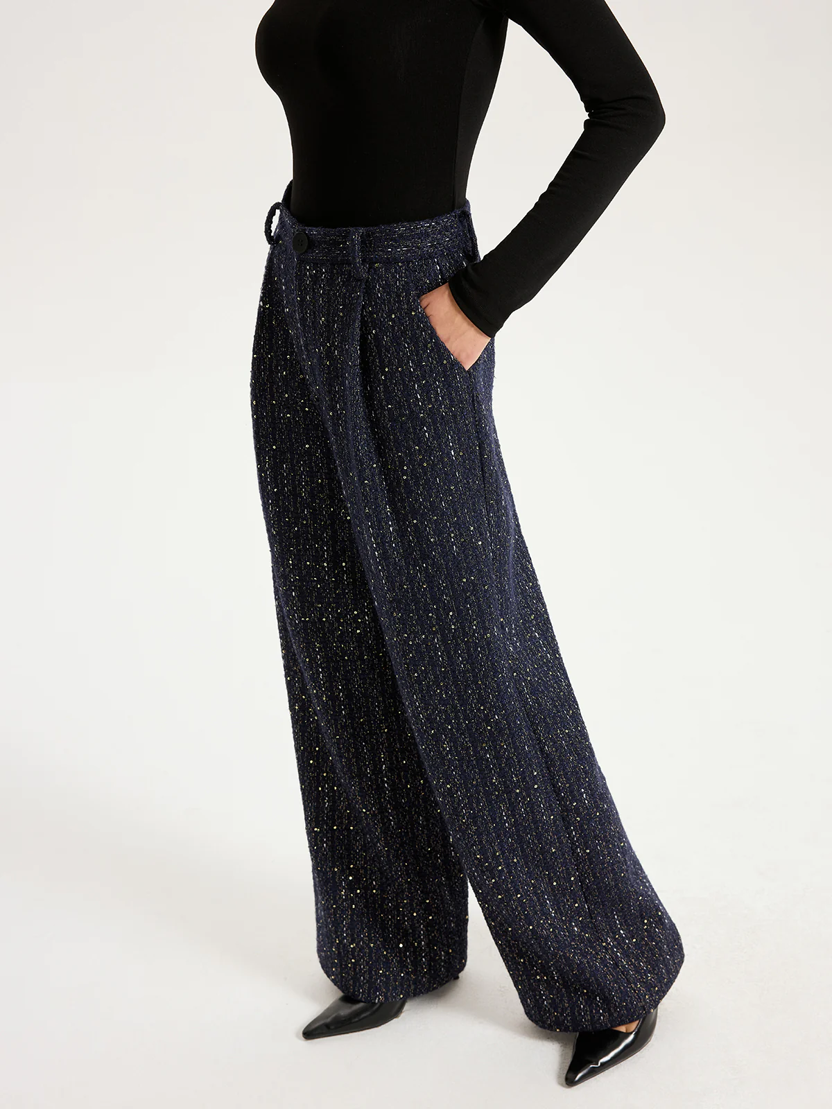 Mid-Waist Tweed Sequin Wide-Leg Pants - Image 6