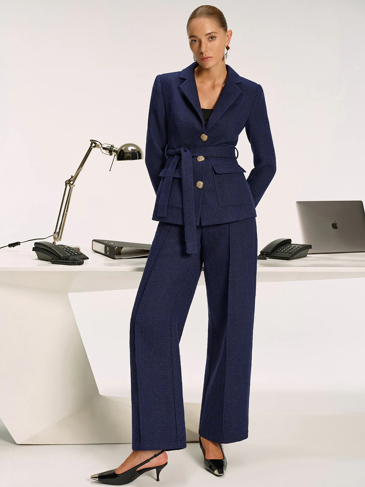 Mid-Waist Tweed Straight-Leg Pants without Belt - Image 3