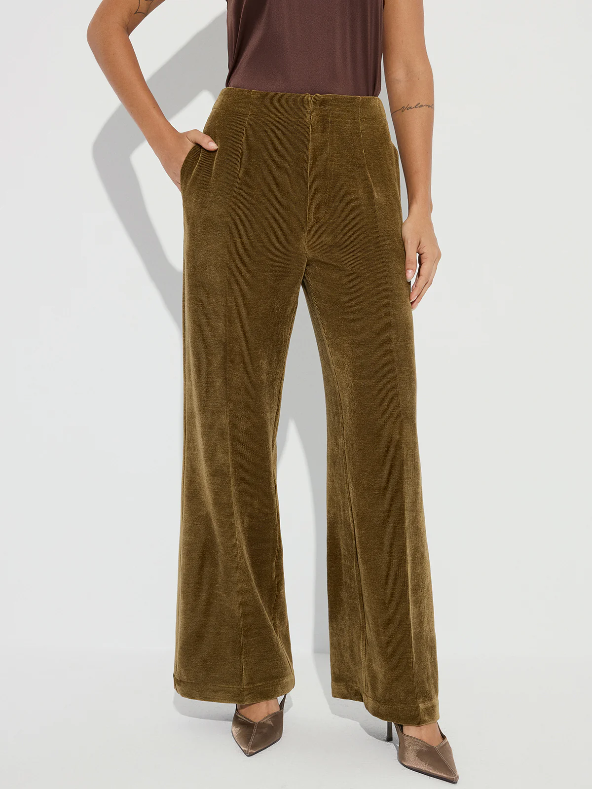 Mid-Waist Velvet Wide-Leg Pants
