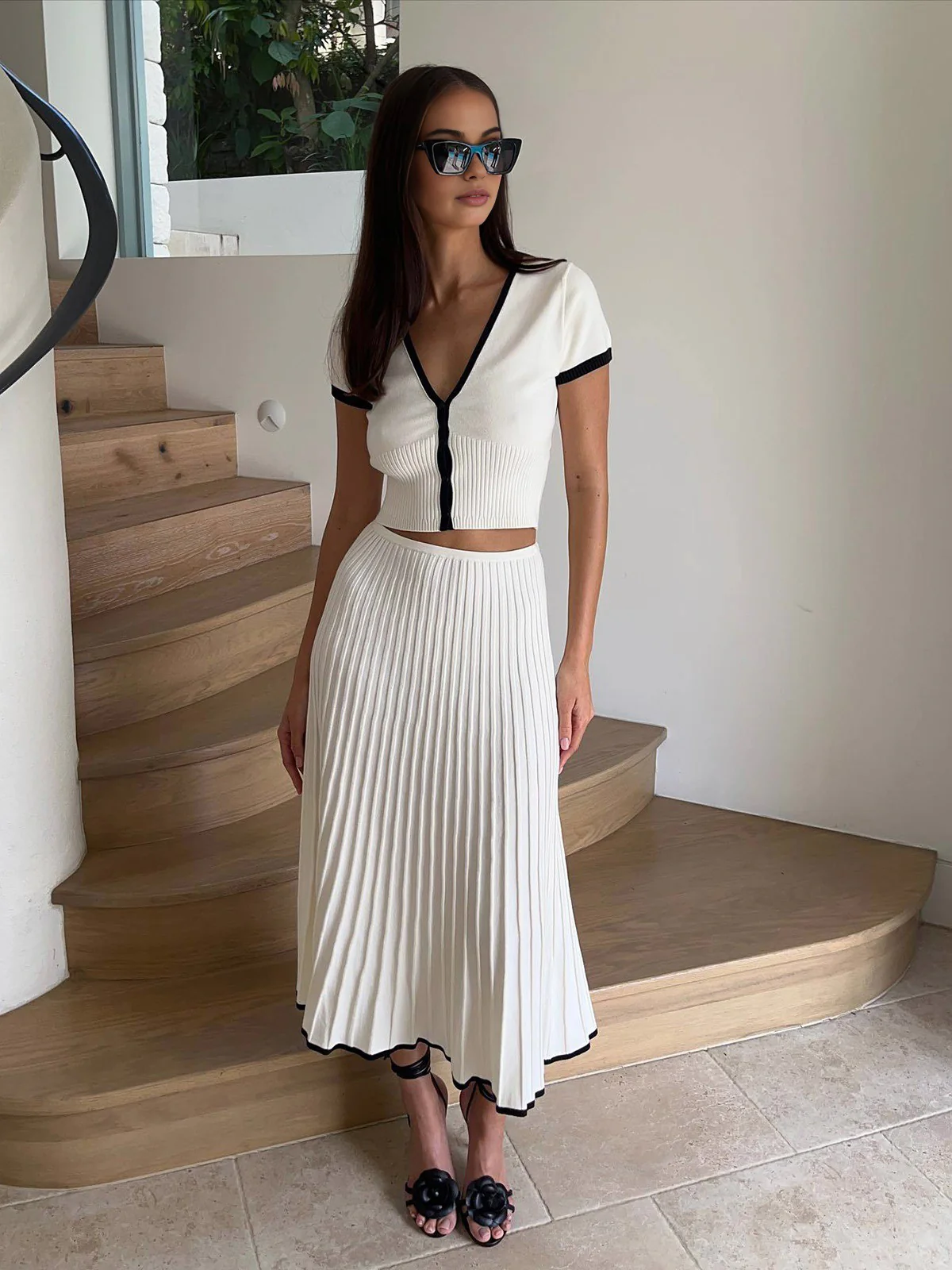 Minimalism Contrast Trim Sweater Skirt Set - Image 4