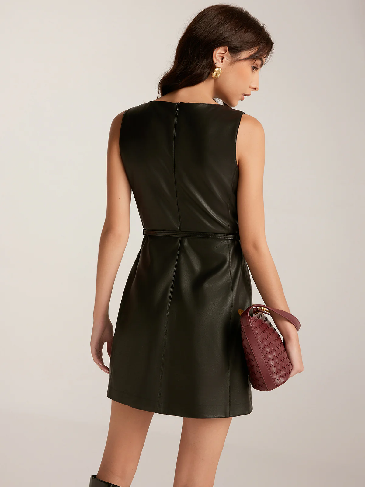 Minimalist Belted Faux Leather Tank Dress - Image 7