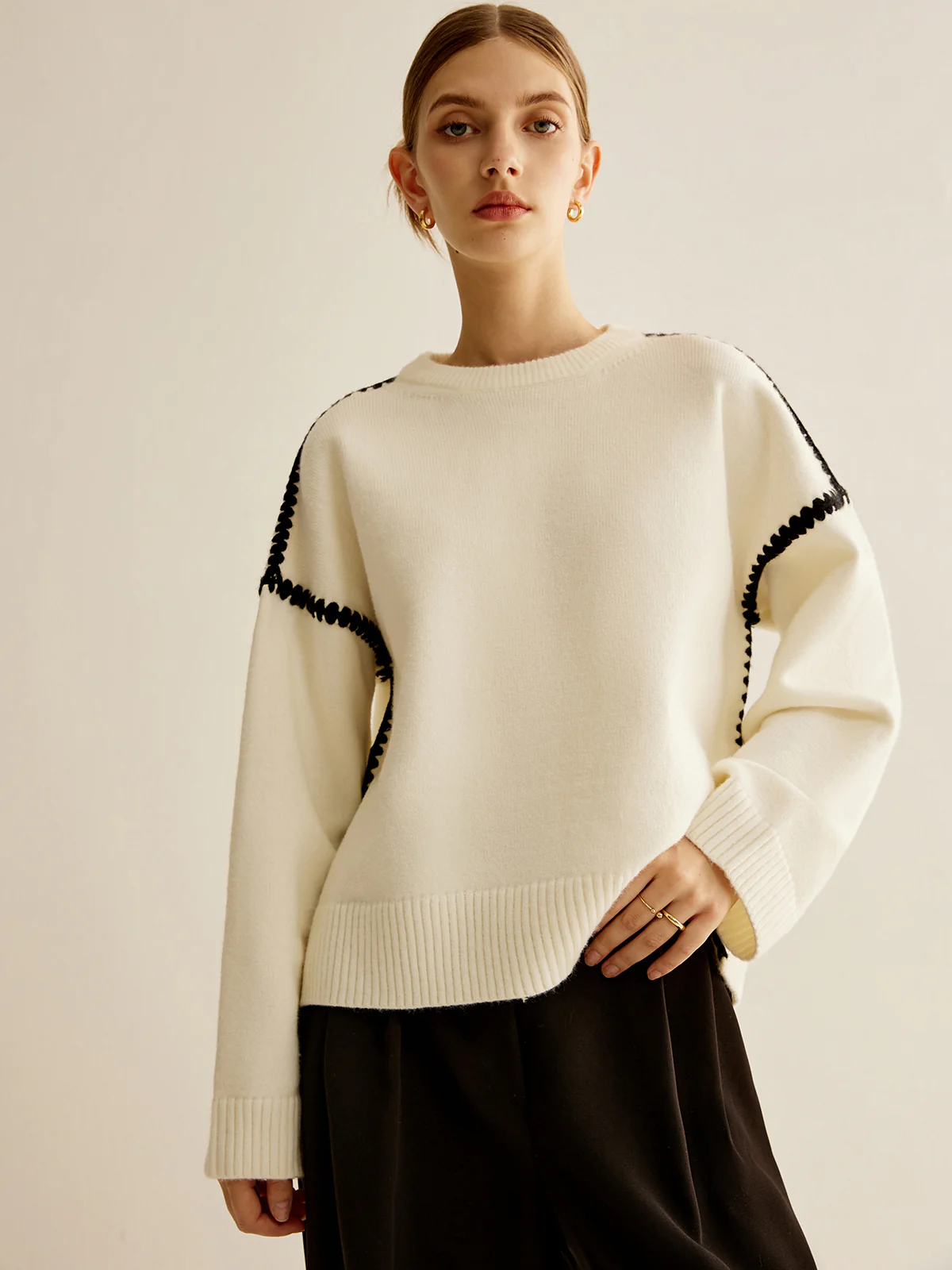 Minimalist Embroidered Trim Sweater - Image 2