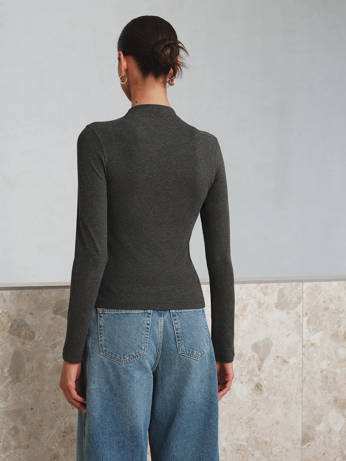 Mock Neck Button Long Sleeve T-Shirt - Image 5