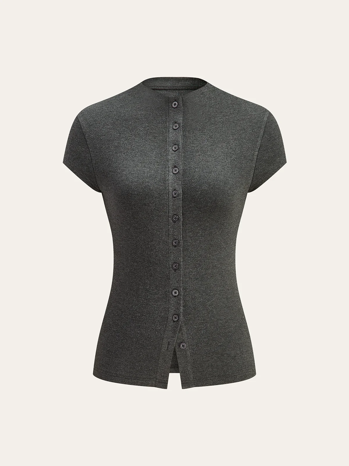 Mock Neck Cap-Sleeve Button T-Shirt - Image 6