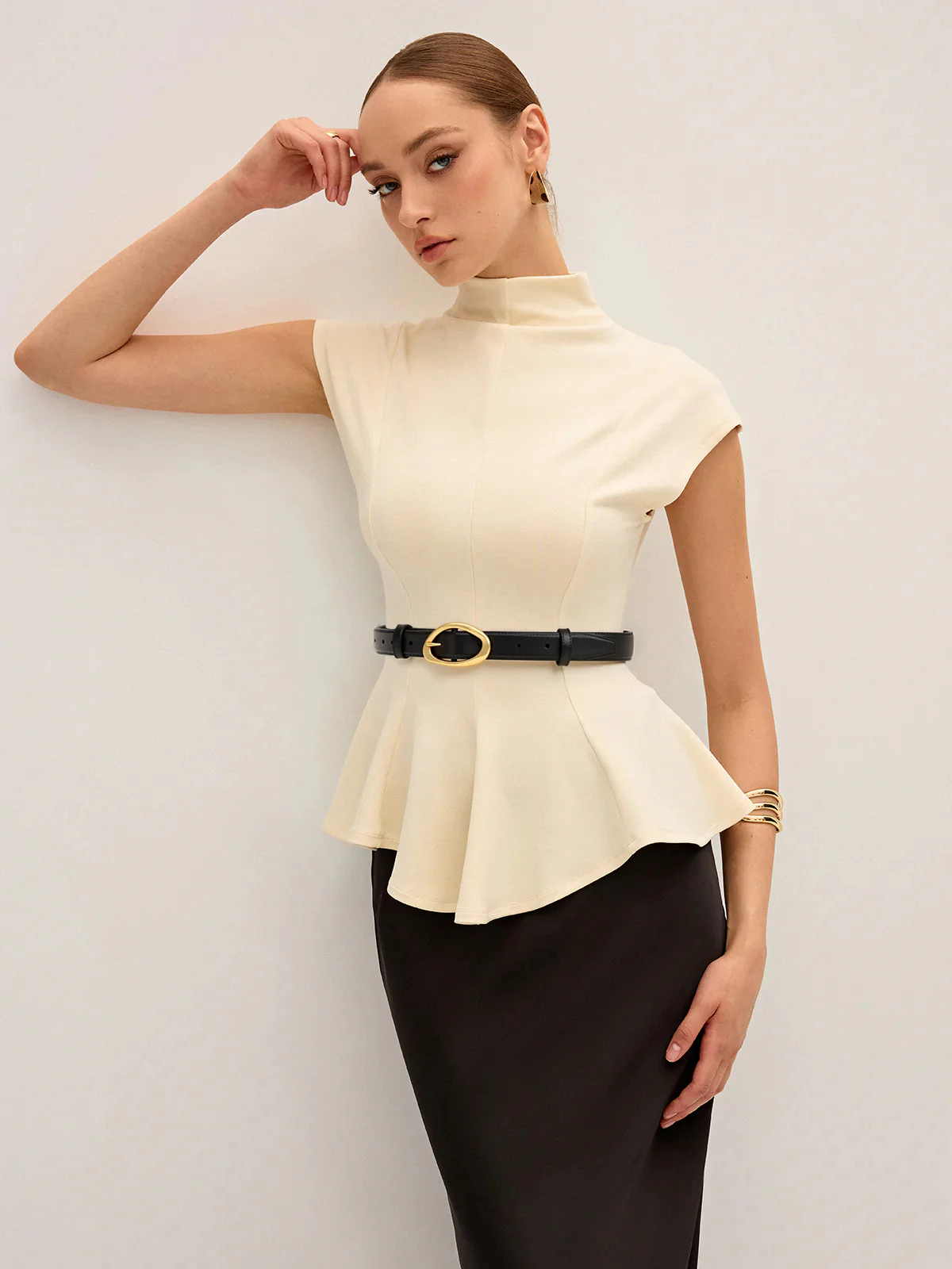 Mock Neck Cap Sleeve Peplum Top - Image 2