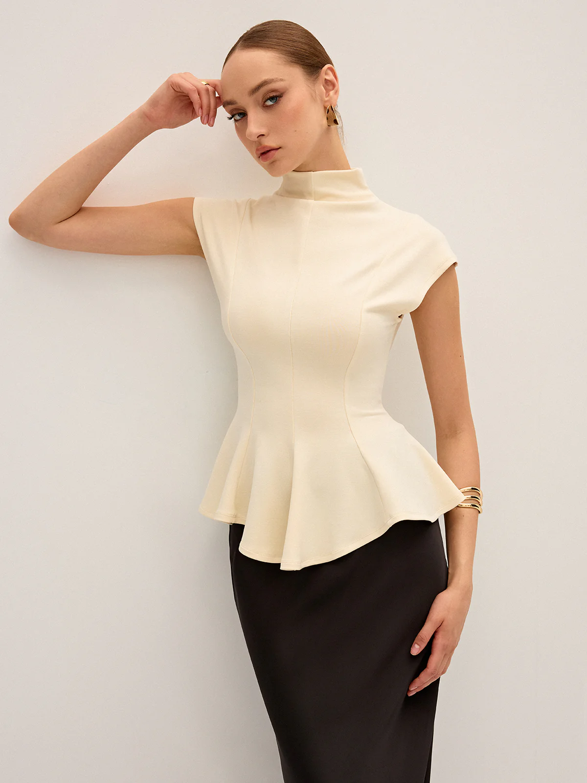 Mock Neck Cap Sleeve Peplum Top - Image 4