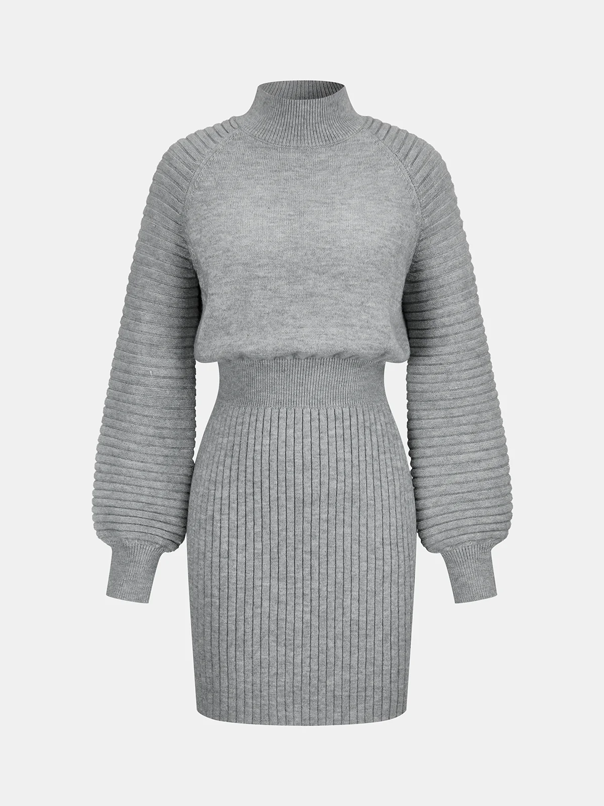 Mock Neck Cinched Waist Ribbed Knit Dress