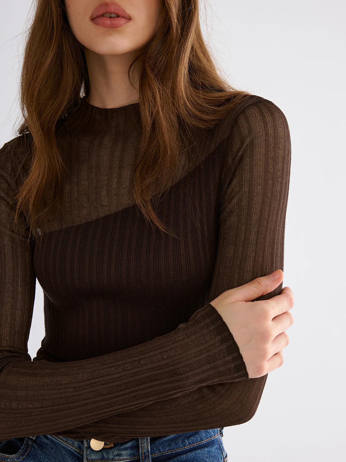Mock Neck Contrast Mesh Top - Image 3