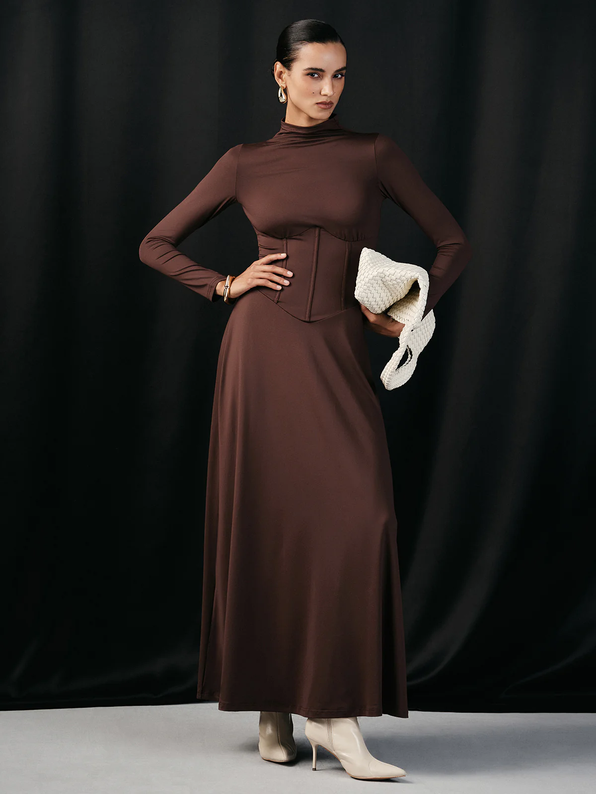 Mock Neck Corset Waist Long Sleeve Maxi Dress - Image 2