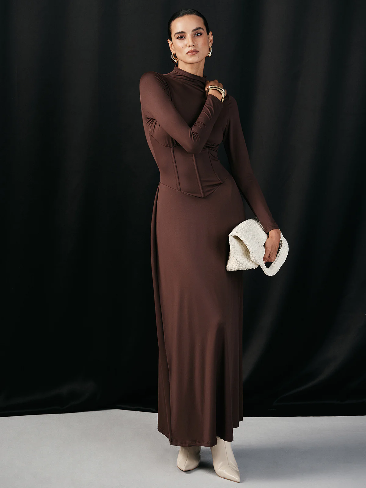 Mock Neck Corset Waist Long Sleeve Maxi Dress - Image 4