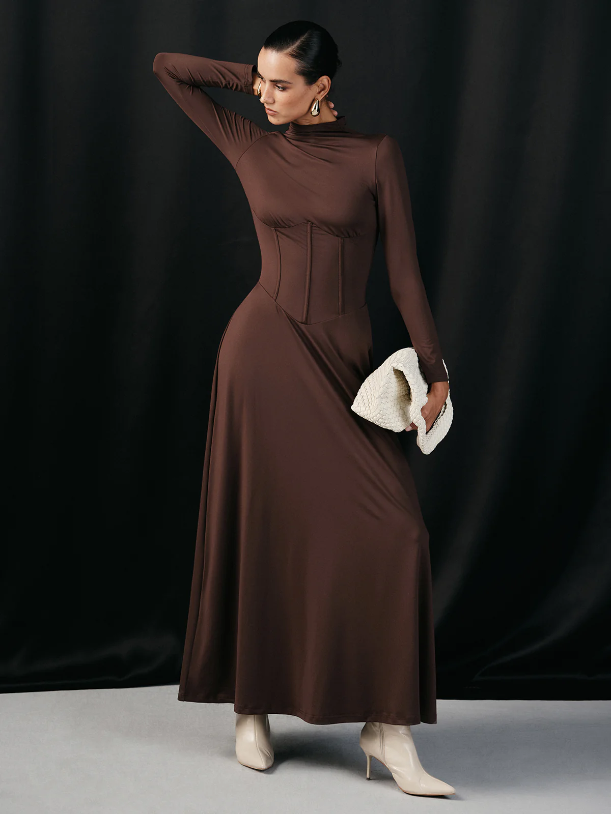 Mock Neck Corset Waist Long Sleeve Maxi Dress - Image 5