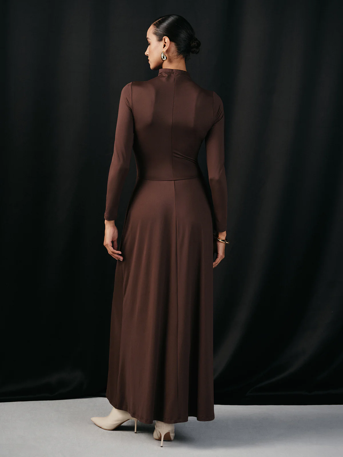 Mock Neck Corset Waist Long Sleeve Maxi Dress - Image 7