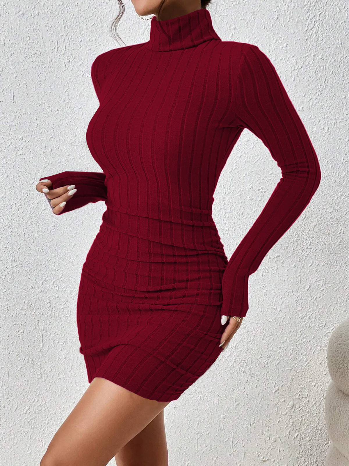 Mock Neck Hip-Covering Ribbed Dress - Image 2