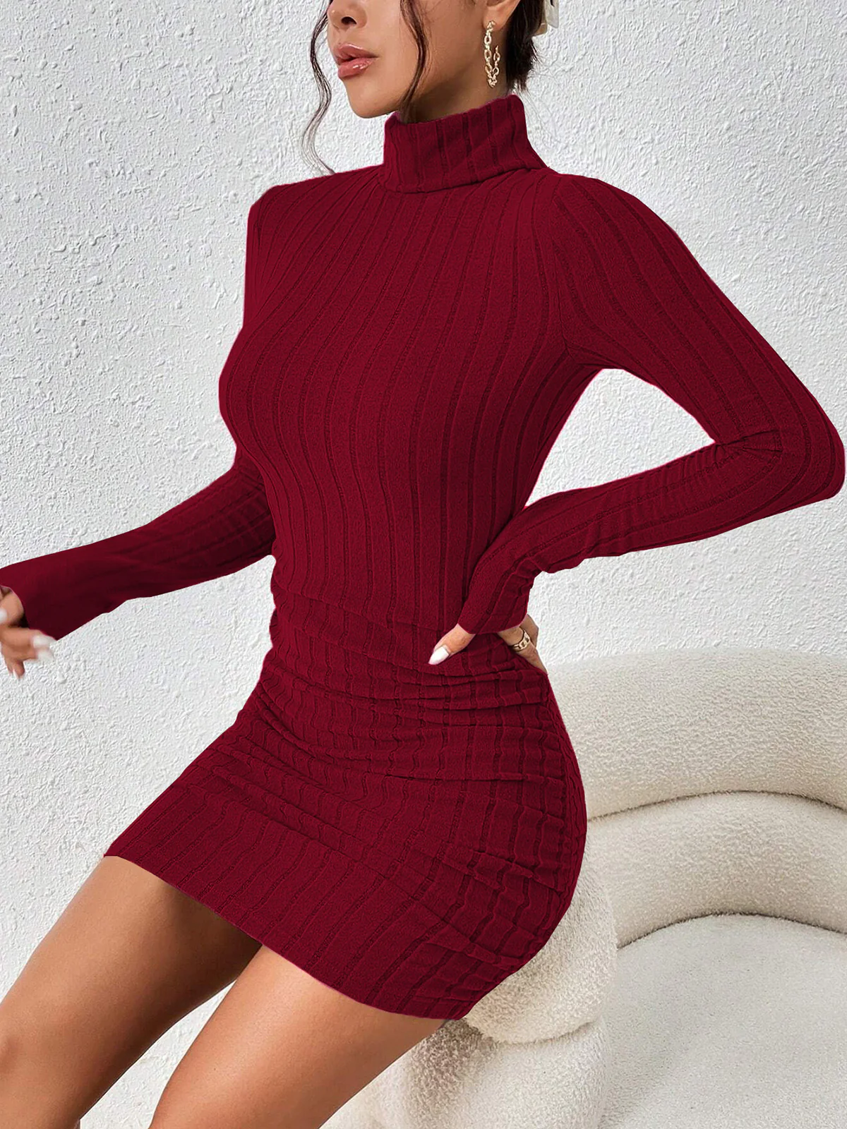 Mock Neck Hip-Covering Ribbed Dress - Image 3
