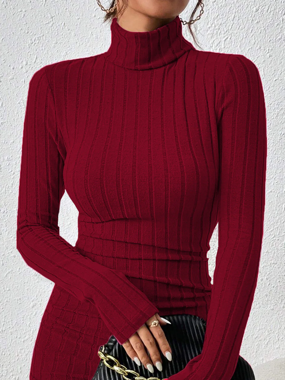 Mock Neck Hip-Covering Ribbed Dress - Image 4