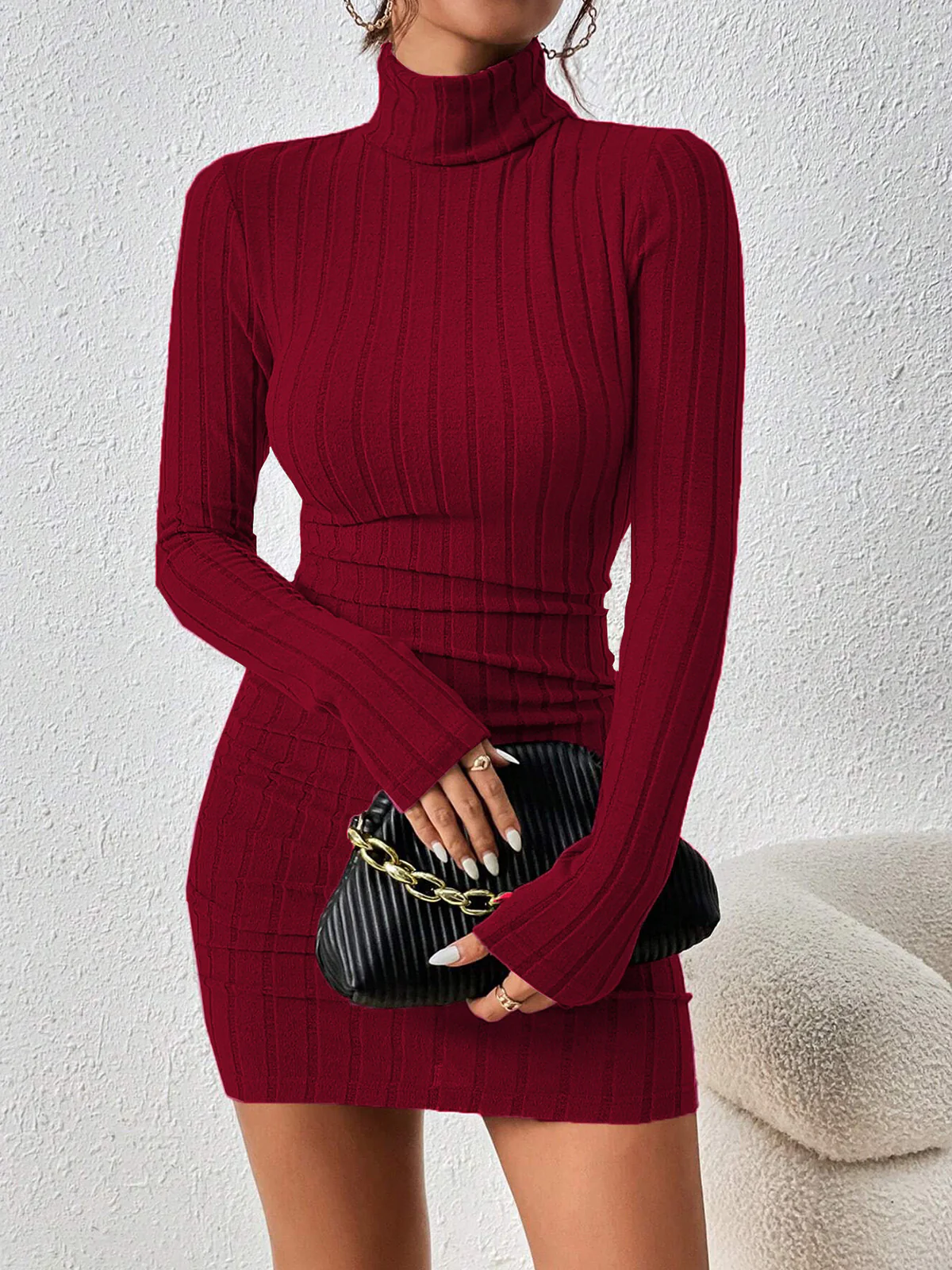 Mock Neck Hip-Covering Ribbed Dress - Image 6