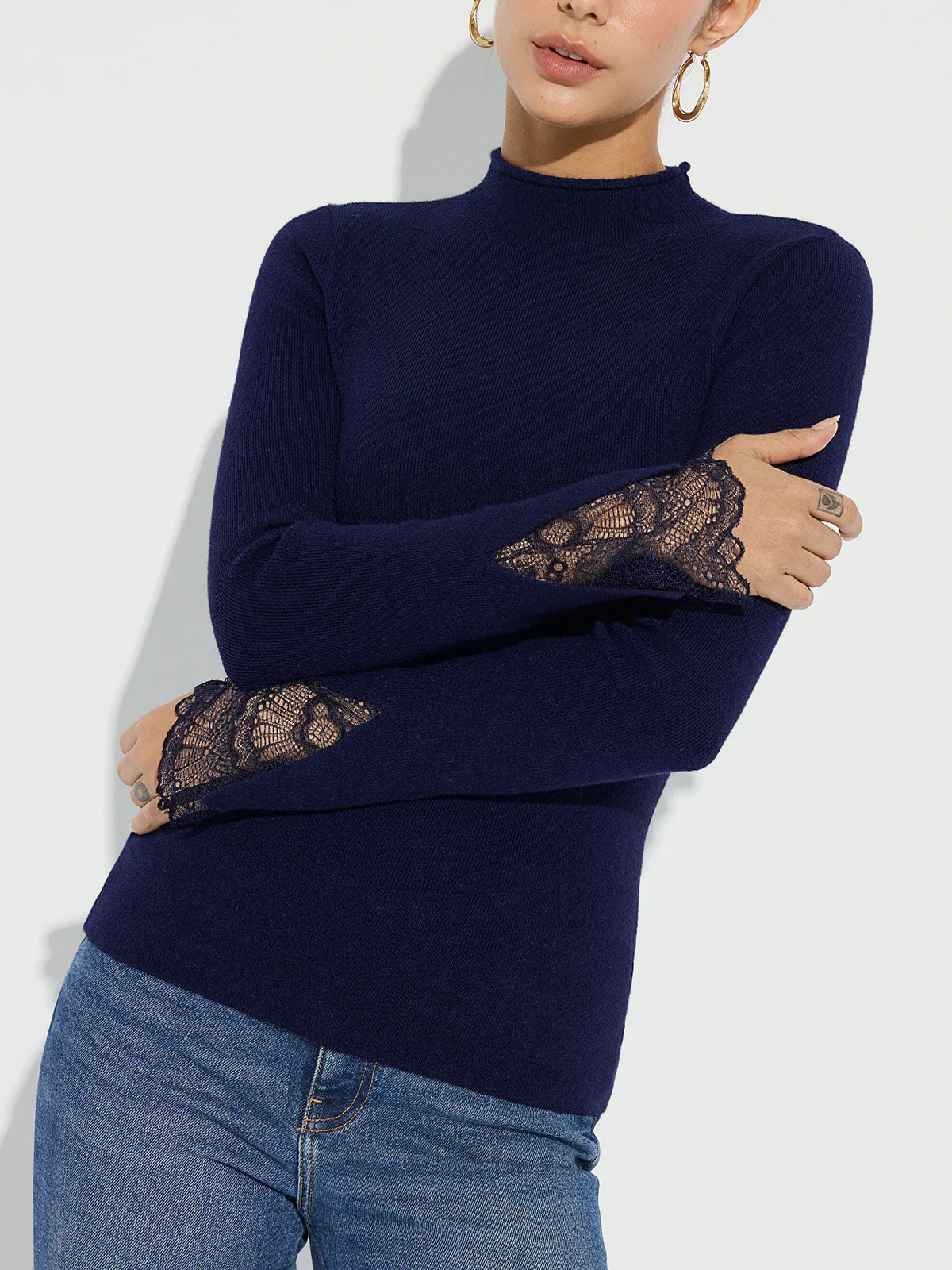 Mock Neck Lace Cuff Knit Top - Image 12