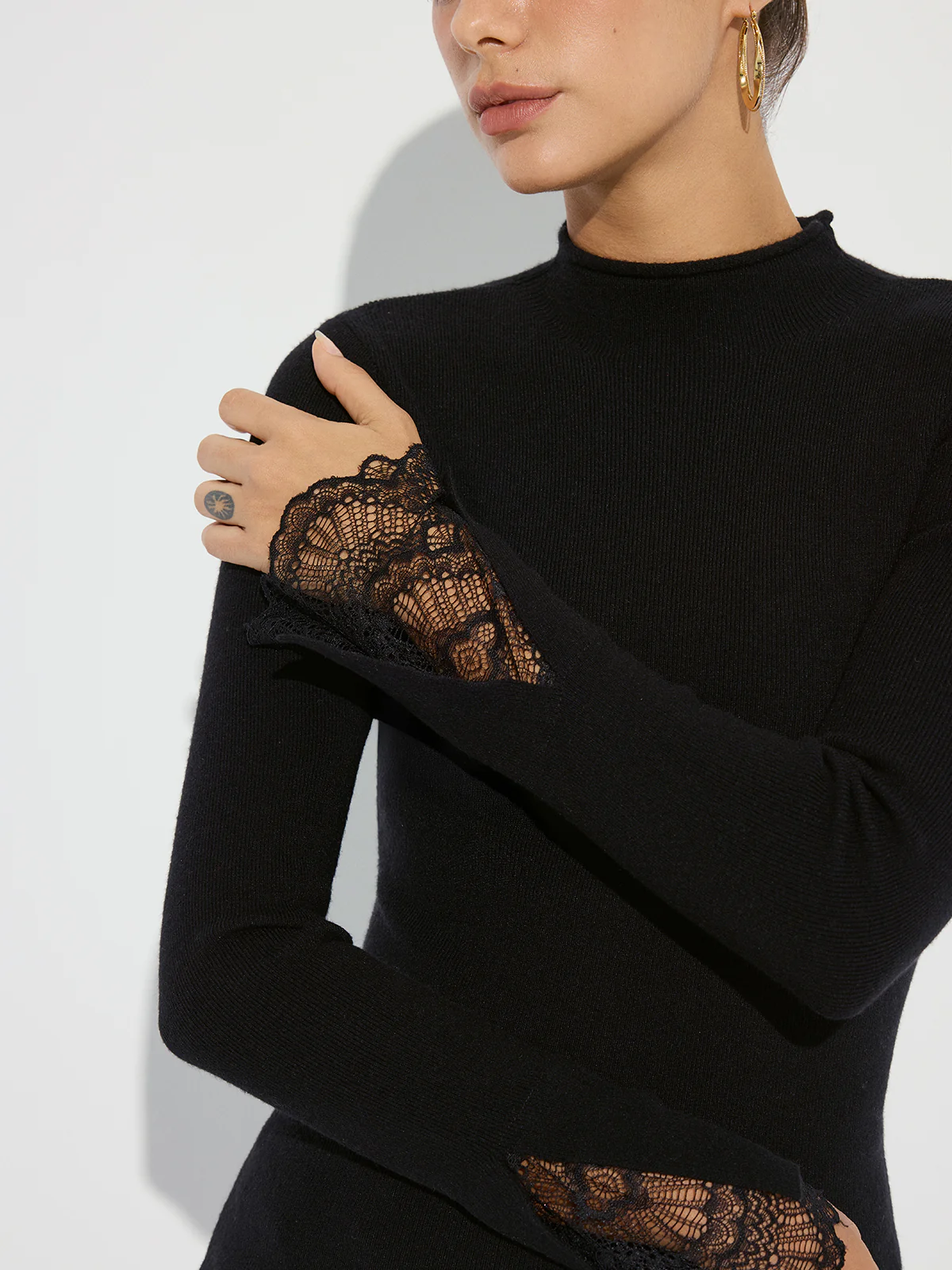 Mock Neck Lace Cuff Knit Top - Image 2