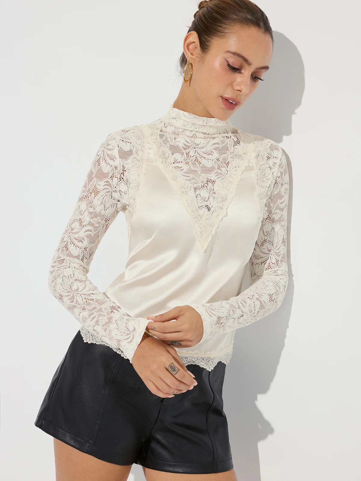 Mock Neck Lace Paneled Satin Blouse - Image 3